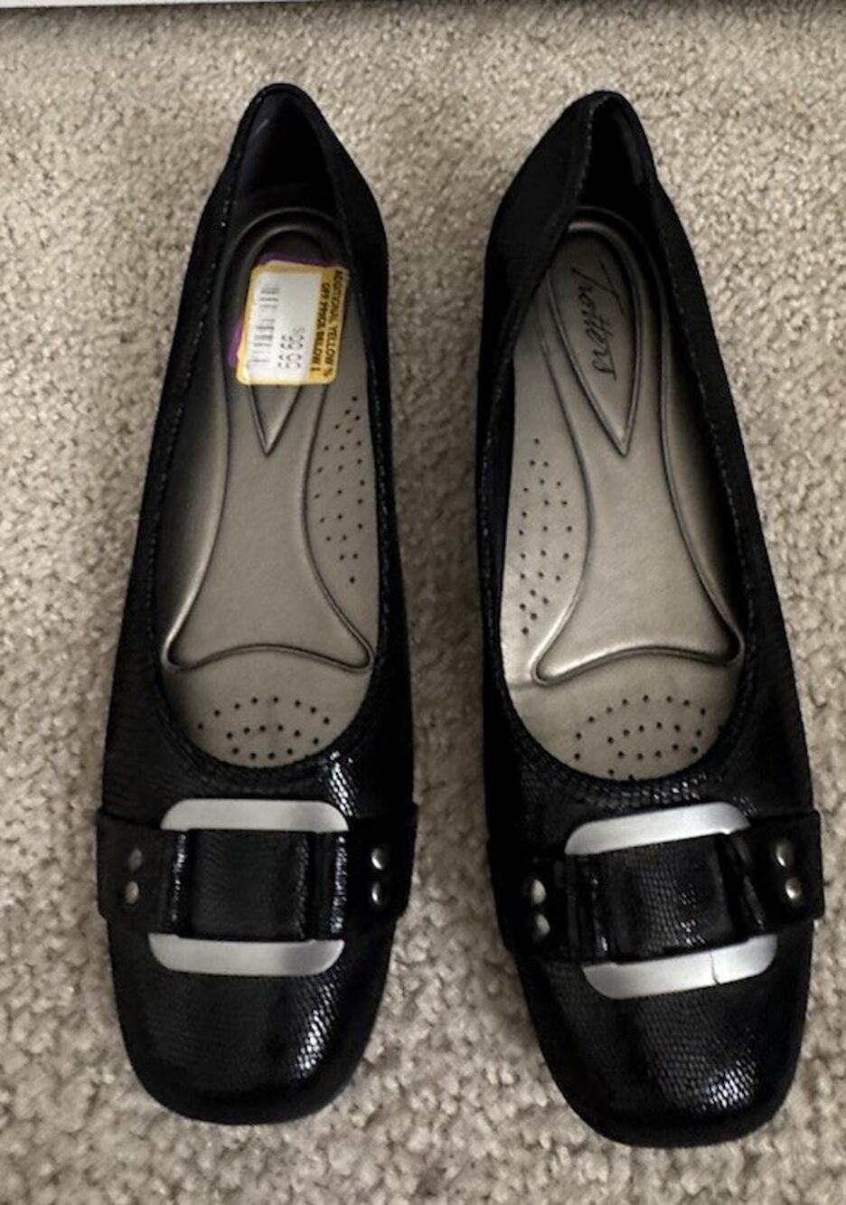 Hotters Womens 9.5 Black Reptile Print Buckle Ballet Flats Comfort Shoes NWT
